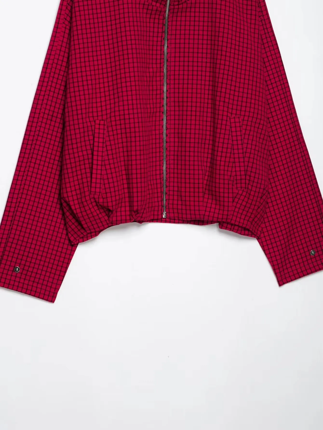 HH Damen Retro Herbst Lose Kurze Jacke Rot Kariert Reißverschlusstaschen Langarm Oberbekleidung Stehkragen Eleganter Partymantel – Detail 5