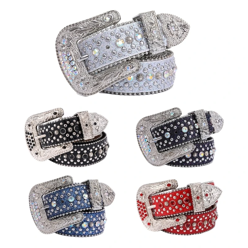 

Rhinestones Studded Western Leather Belt for Men Women Vintage Crystal Bling Diamond Waist Belts for Dresses Jeans N58F