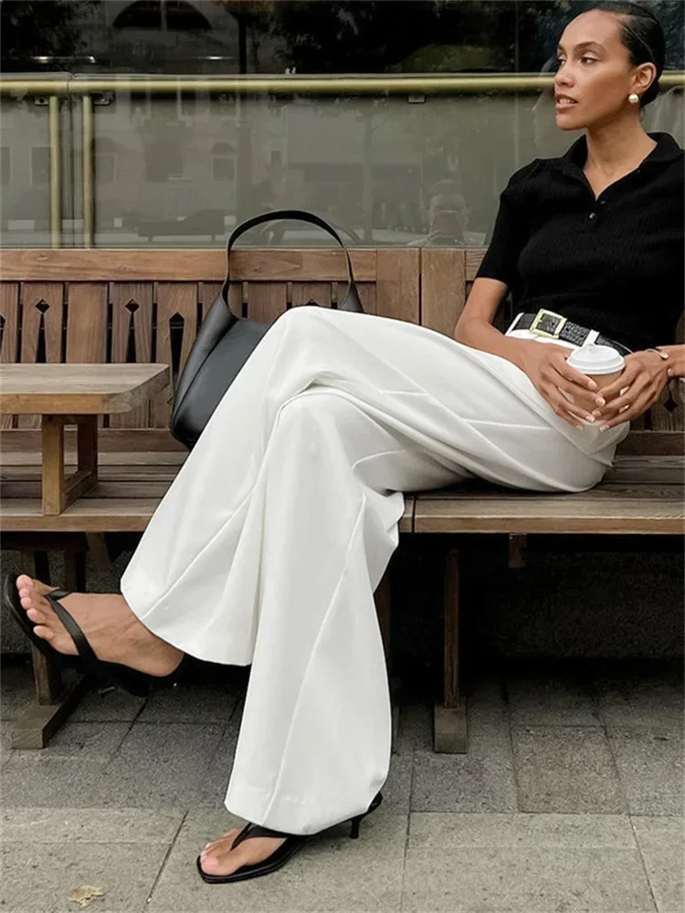 FJM-Pantalon blanc taille haute pour femmes, vêtements simples et décontractés, à la mode, de couleur blanche, collection automne