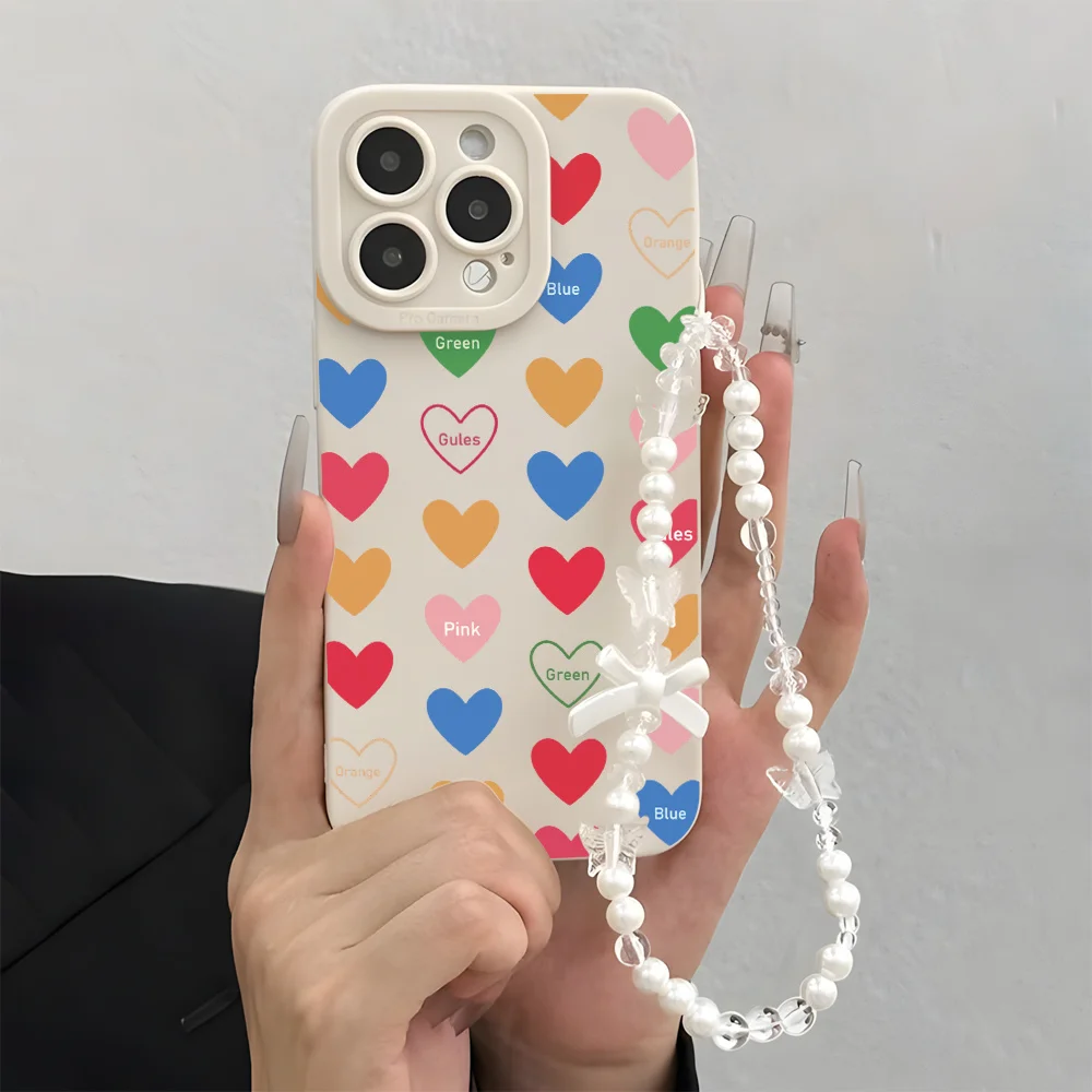 Lanyard Colorful Heart Korean Phone Case For iPhone 17 16 15 14 13 12 11 Pro Max X XS XR 16E 17E 7 8 16 Plus Wrist Strap Cover view 2