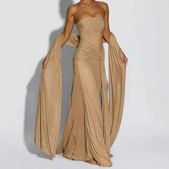 فستان نسائي جديد لعام 2025 أنيق غير منتظم مزين بالترتر بدون حمالات وأكمام شريطية