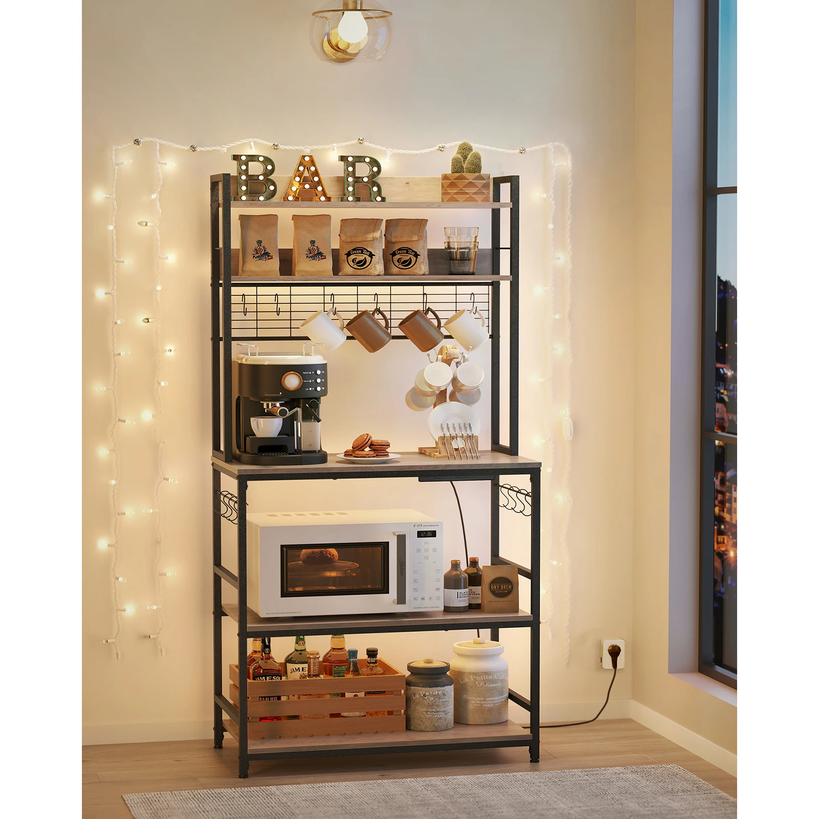 VASAGLE Kitchen Storage Rack with Power Outlet, Coffee Bar, Baker's Rack, with Metal Wire Panel, 14 Hooks, Steel Frame