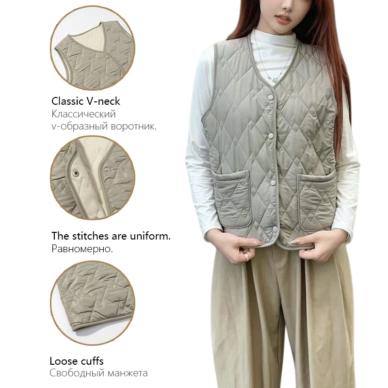 سترة نسائية مبطنة بنمط الماس بدون أكمام سترة واحدة الصدر للخريف والشتاء سترة طبقات عصرية يومية Trafizaran #6