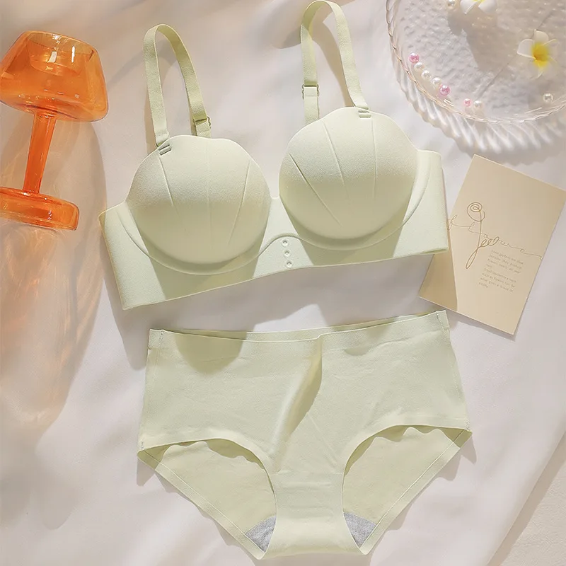 Seamless Bra Set Women Underwear Shell Shaped Bras and Panty Set Push Up Sexy Lingerie Wire Free Bralette Brasieres Para Mujer