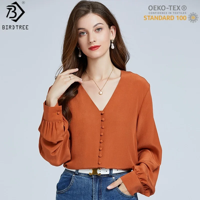 

Birdtree, OEKO-TEX, блузка из 100% натурального шелка 18 мм, однобортная, женская повседневная рубашка из двойного крепа с v-образным вырезом, новые топы 2026 T61112JF