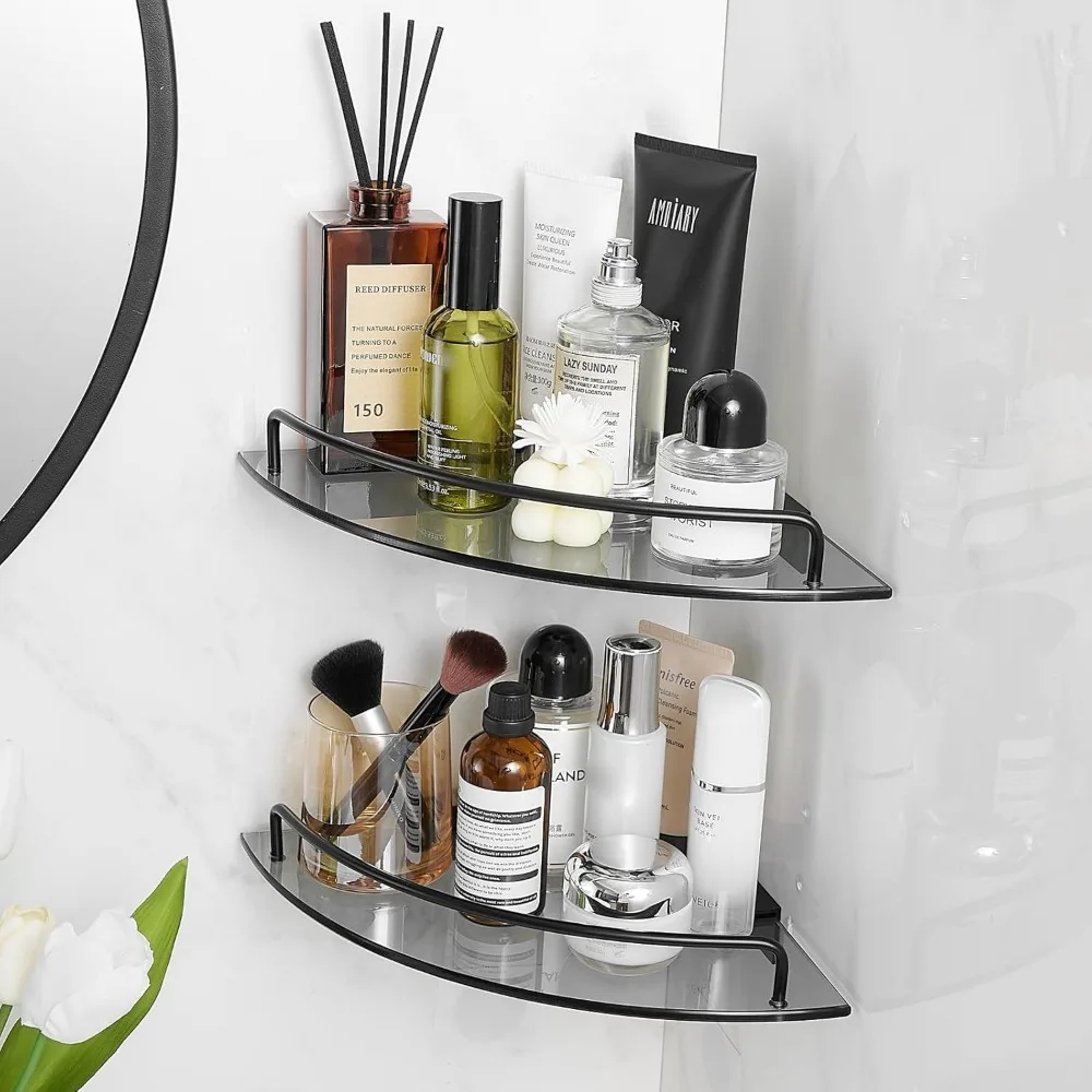 

Стеклянная угловая полка для душа в упаковке, черная полка из закаленного стекла с направляющей, угловой органайзер для ванной комнаты, настенное крепление