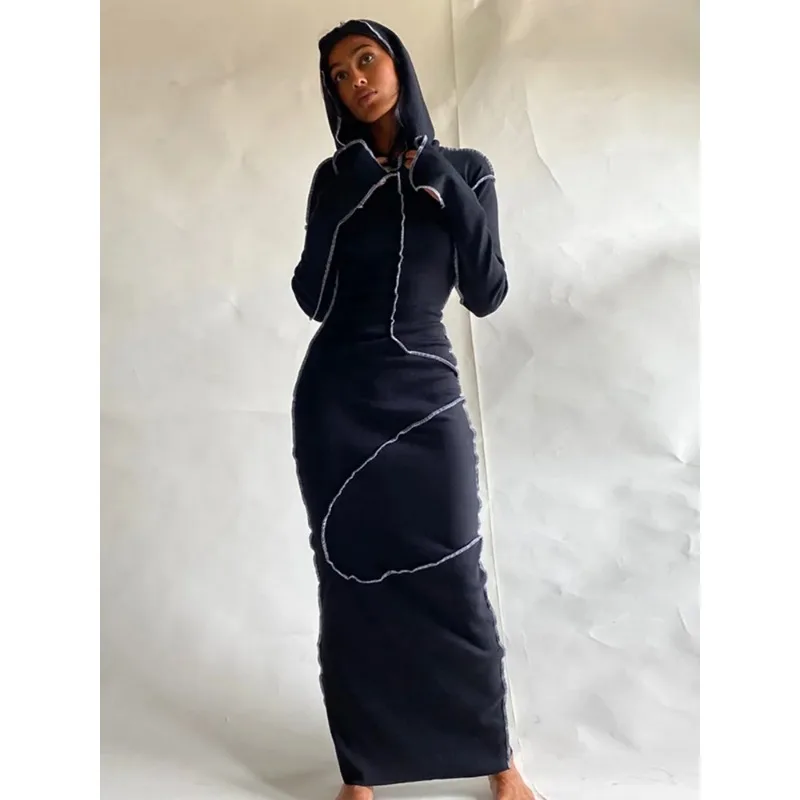 2024 New Long Sleeve Hooded Patchwork Skinny Maxi Dress Autumn Winter Women Fashion Streetwear Casual Outfits