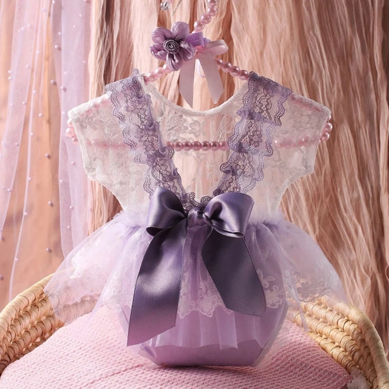 Falda de tutú de encaje de princesa para niñas, conjunto de diadema de flores, accesorios de fotografía para recién nacidos, pelele, accesorios de