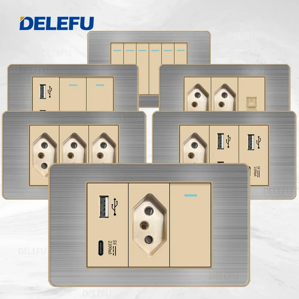 DELEFU- Brazil Standard Switch Socket Stainless Steel Gold Border Grey Panel Series Power Socket