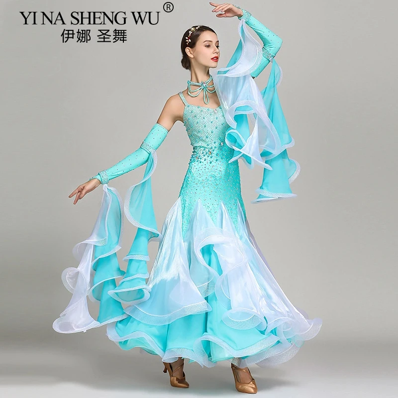 ชุดเต้นรำสมัยใหม่สำหรับผู้ใหญ่ ผู้หญิง ชุดเดรสผ้าชีฟองเปิดหลัง ทรงสวิงขนาดใหญ่ ชุดเต้นรำมาตรฐานระดับชาติ ชุดแสดงวอลทซ์ ชุดราตรี