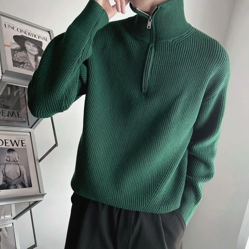 Fashion Turtleneck Spliced All-match Zipper Sweater Men's Clothing 2023 Winter New Oversized Casual Pullovers Loose Korean Tops