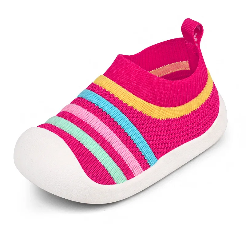 

Spring Fall Infants Toddlers Ages 0-3 Years Outdoor Casual Shoe Rainbow Stripes Ridged Design Fly Knit Upper Slip-Ons Prewalker