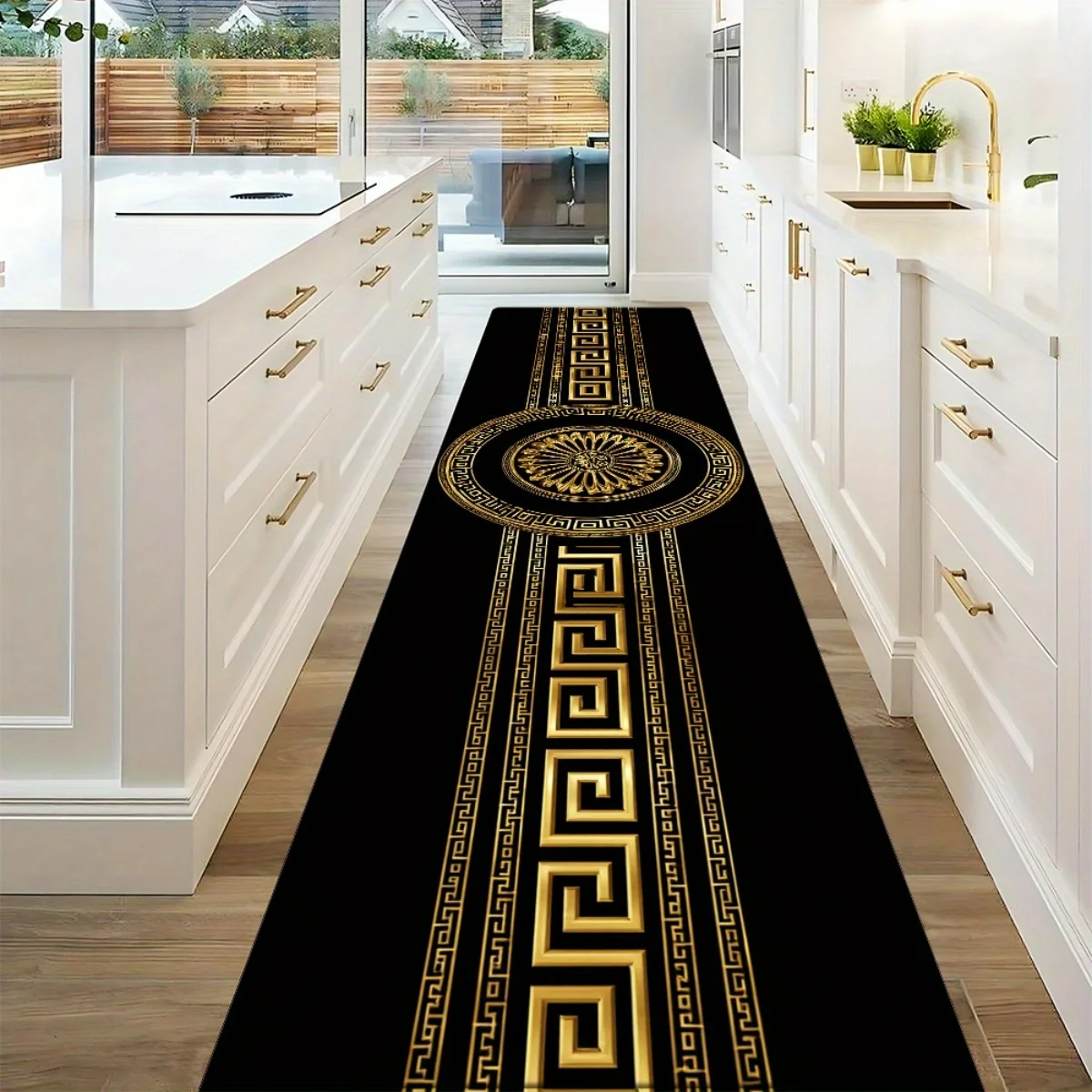 Luxury Black Gold Greek Key Print Runner Rug, Non-Slip Washable Durable Mat for Kitchen, Laundry Room, Entryway & Elegant Home
