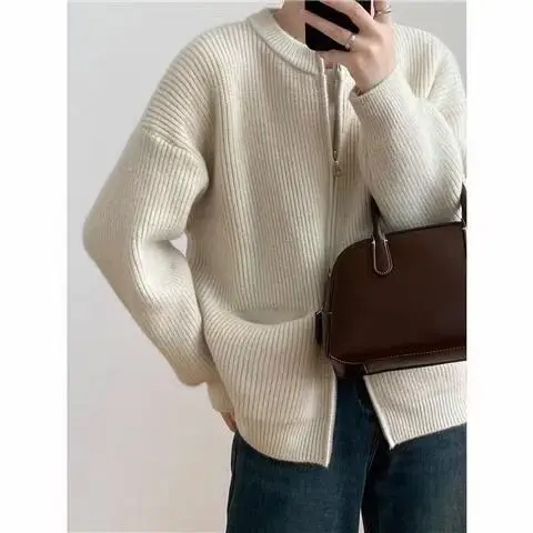 Women\'s Modern Double Zipper Knitted Cardigan New Fashion Spring Fall Round Neck Knit Sweater Loose Short Outer Wear Coat U395