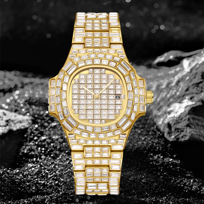 Top Bing Men Women Baguette Diamond Iced Out Watch Stainless Steel Quartz Movement Waterproof Luminous Hand reloj hombre