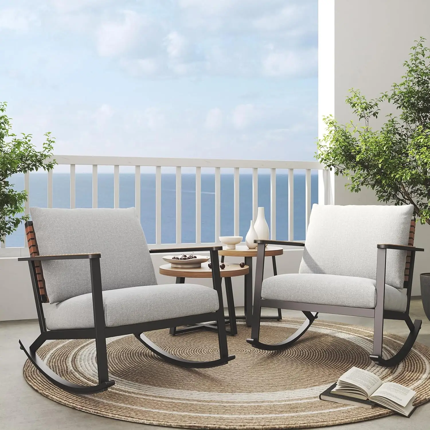 Outdoor 4 Piece Wicker Rocking Bistro Set Wicker Rocking Chairs Leather Look Finish Faux Wood Tables Grey Cushions Weatherproof