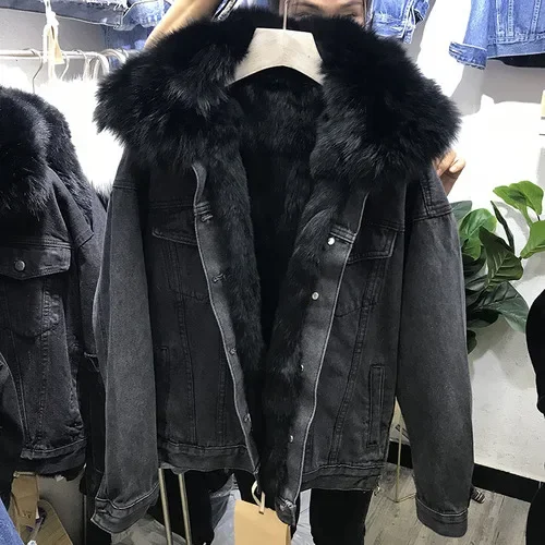 

Fox Fur Collar Denim Jacket Women Thicken Warm Winter Coats Cotton Padded Jackets Detachable Rabbit Fur Liner Jean Parka Coats