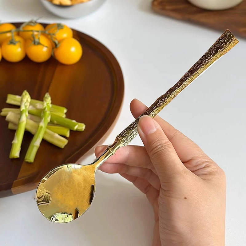 Cuchara de acero inoxidable, cuchara de sopa antideslizante con mango largo, creativa, dorada y plateada, vajilla de estilo coreano, 1 ud.