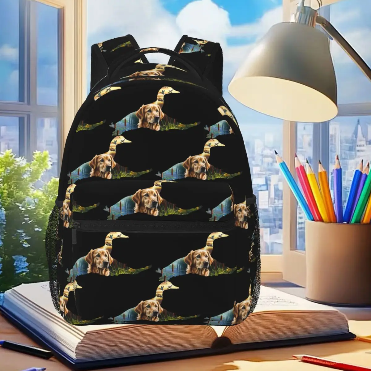 

Golden Retriever And Flying Mallard Backpack Student Boys Girls BookBag Kids School Bag Computer Shoulder Bags for Men Women