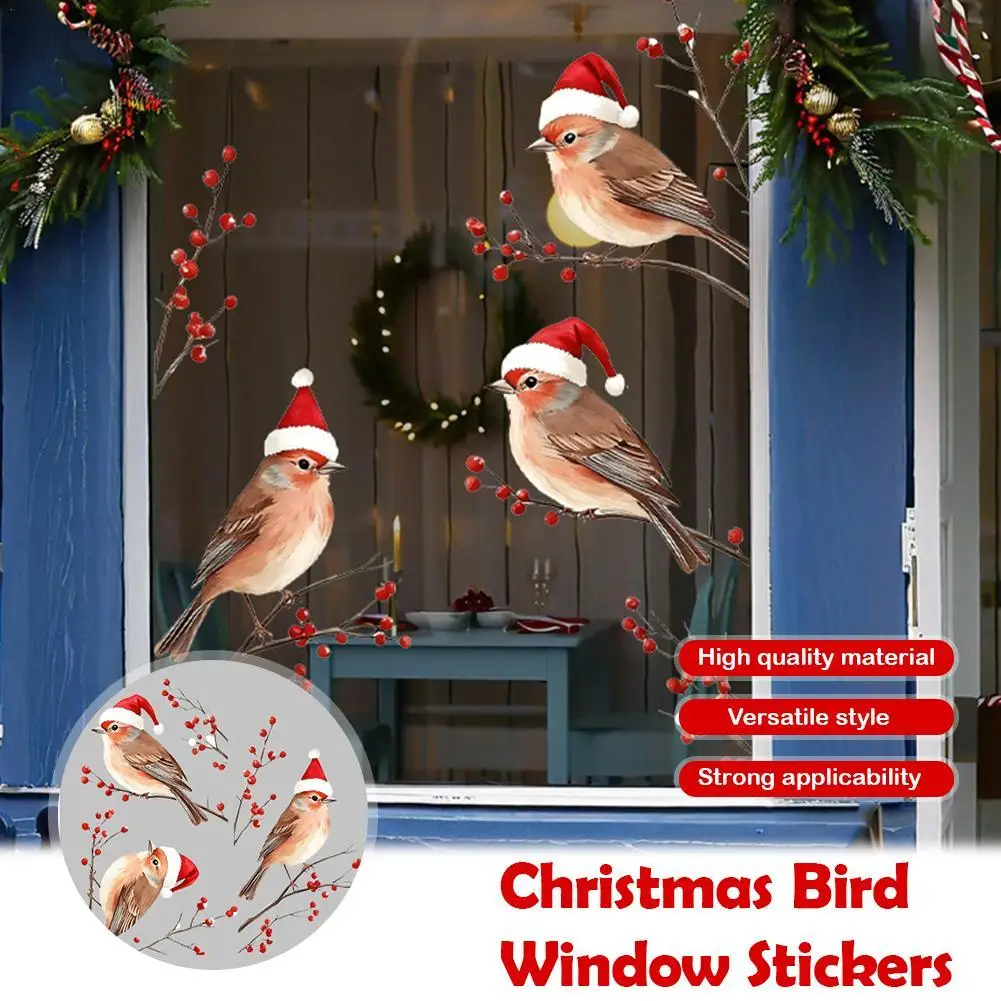 สติกเกอร์ตกแต่งกระจกประตูร้านค้าลายนกกระจอกสวมหมวกคริสต์มาสสีแดง สร้างบรรยากาศเทศกาลวันหยุด