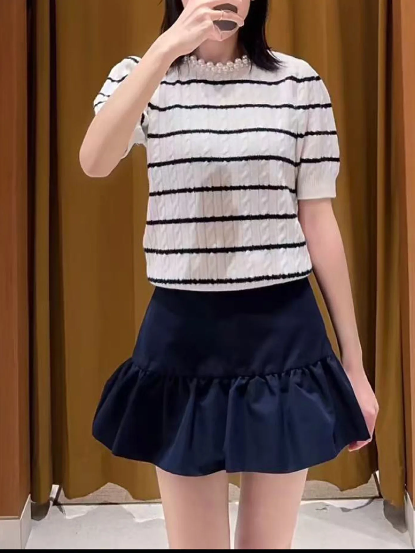 

Women Knit Striped Short Sleeve Sweater Tee Neckline Pearl Fashion Spring New 2026 Elegant Female Round Neck Pullover Top