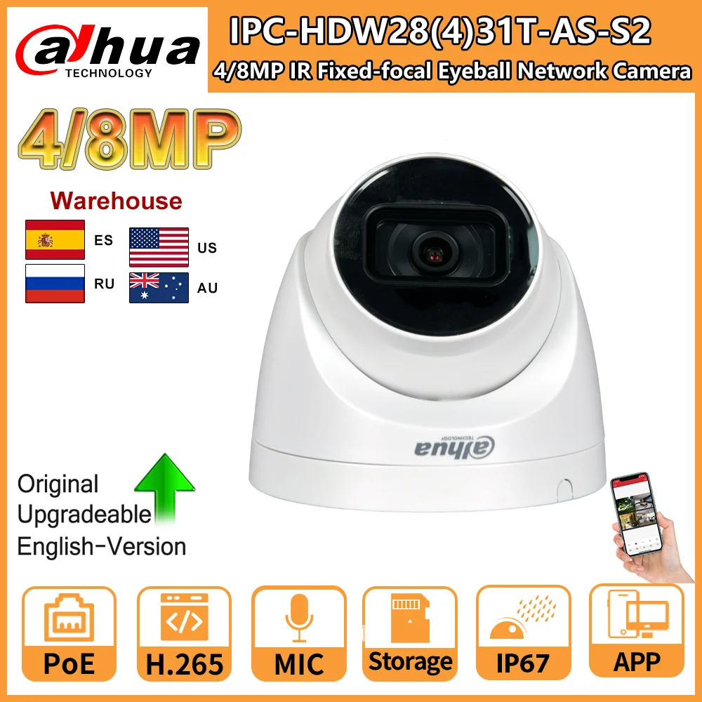 Dahua Original 8MP Camera 4K IPC-HDW2831T-AS-S2 4MP IPC-HDW2431T-AS-S2 IR PoE Build-in Mic SD Card Slot Surveillance Starlight