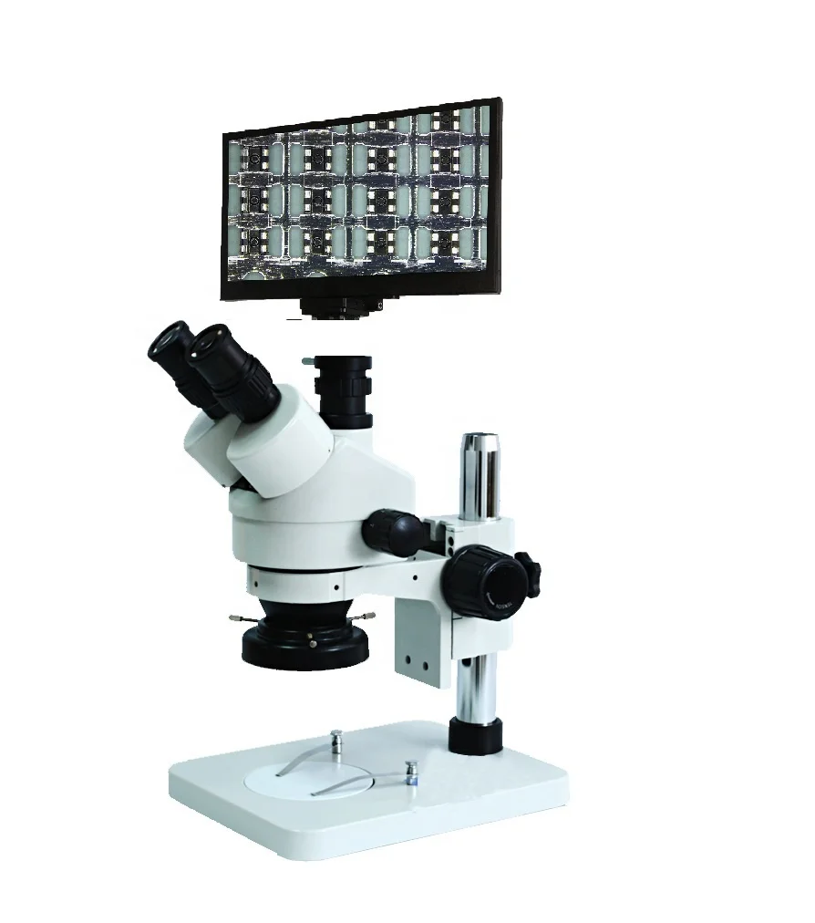 Boshida BD-45T1 7X-45X Trinocular Stereo Microscope 0.7X-4.5x Lens  with LED Ring Light and Camera for PCB Checking and Repair