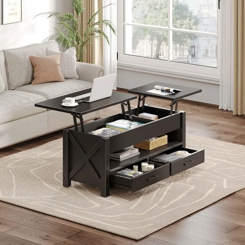 Table Basse Noire avec 2 Rangements et Compartiment Caché pour Salon, 47.2 Pouces