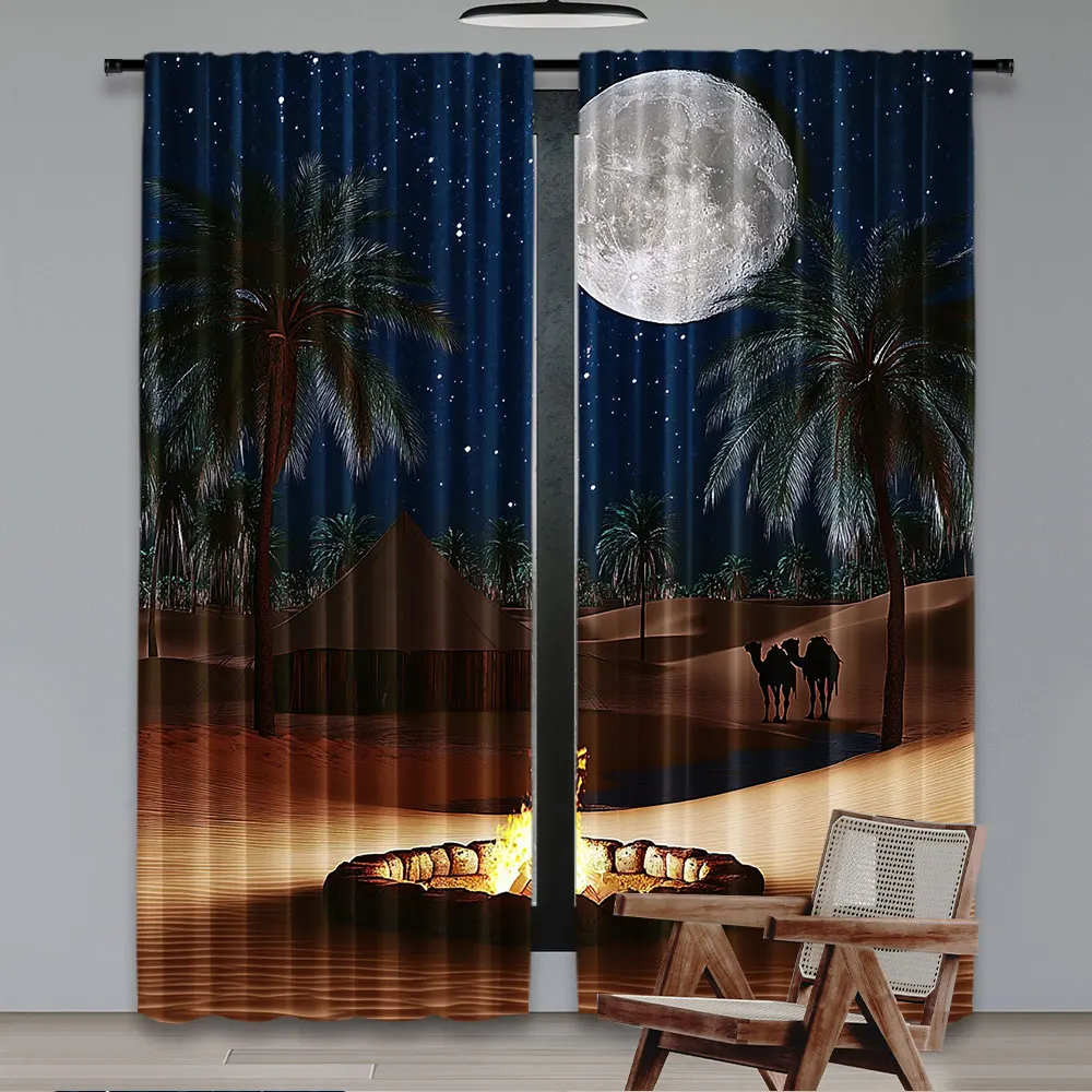 2Pcs Curtain Sahara Desert Night Islamic Full Moon Starlight Holy Night Fire Camp Tent Camels Palm Tree For Living Room Bedroom