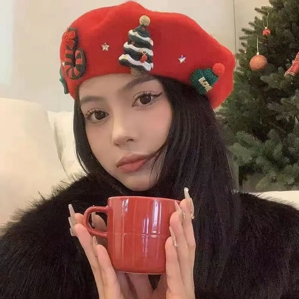 Red Green Color Christmas Beret Hat Wool Felt Material Bow Design Painter Beret Hat High Quality Soft Warm Fabric