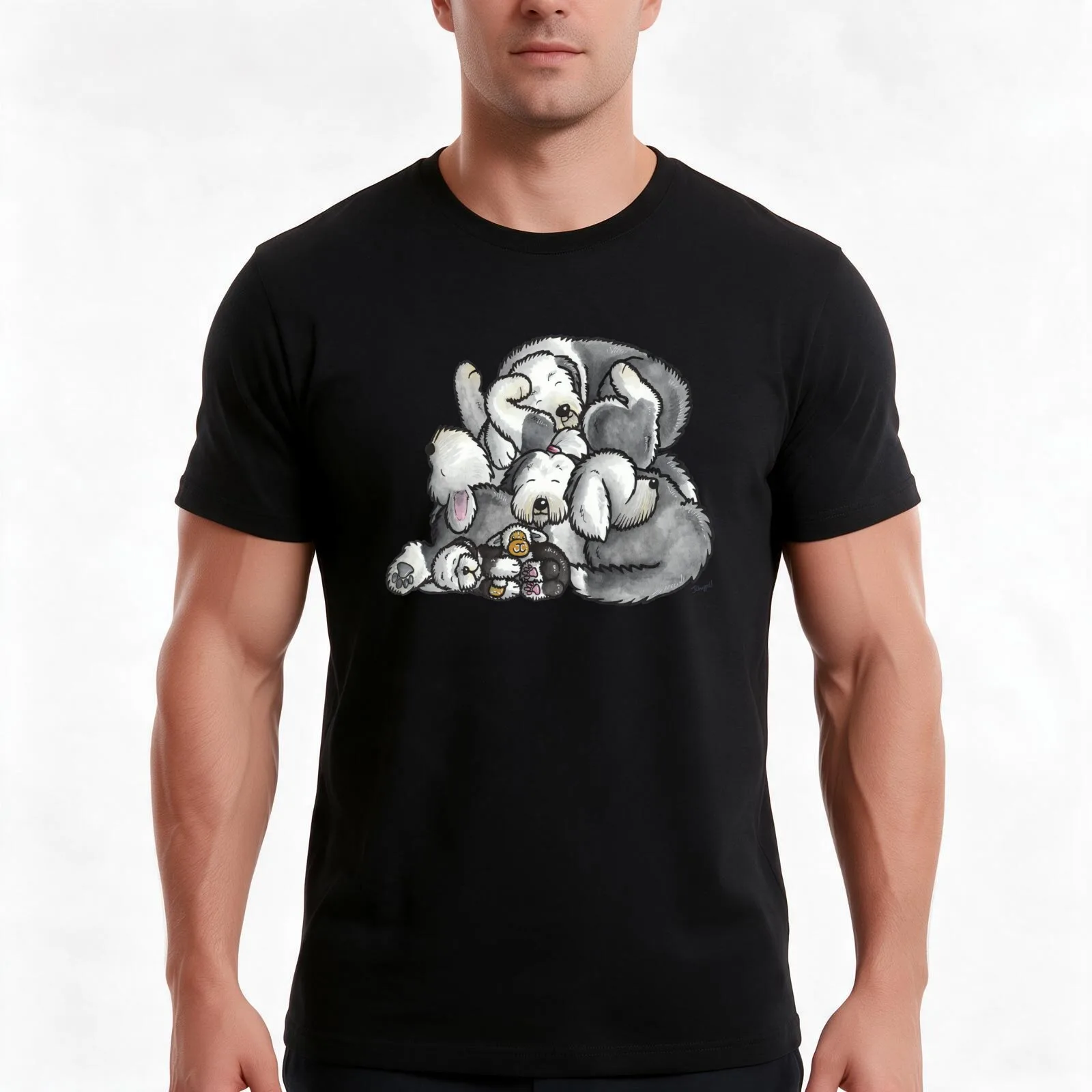 Old English Sheepdog - sleeping pile cartoon T-Shirt, Summer Casual Cotton Tee, Oversized Streetwear Tops, Vintage Graphic Print