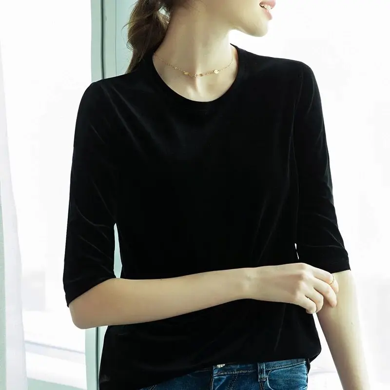 Korean women Summer half sleeve vintage velvet Blusas tops black brown blue velour shirts Office blusas femininas elegantes