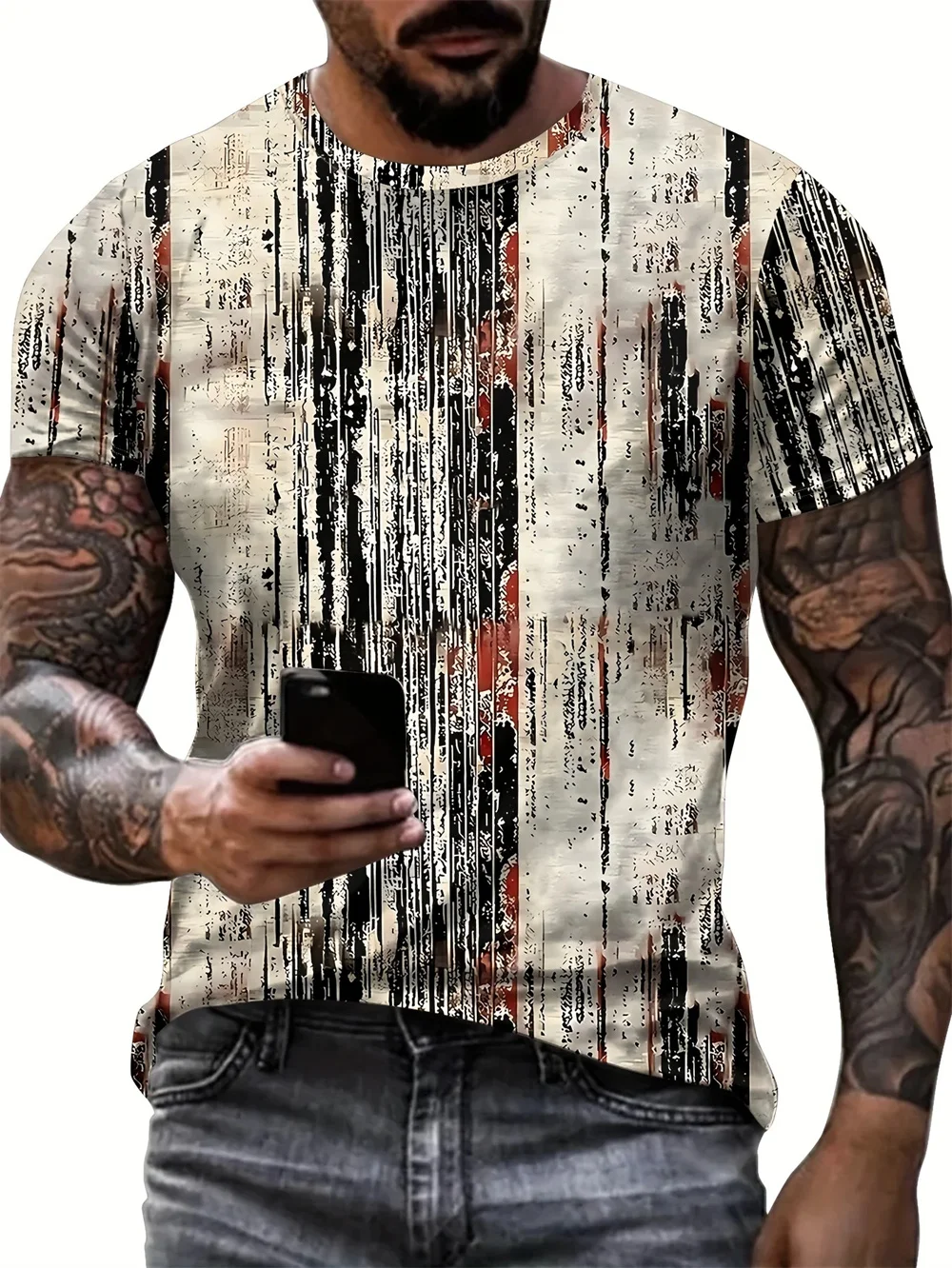 Men's Casual And Chic Stripe Pattern Print T-shirt With Crew Neck And Short Sleeve Cool Tops For Summer Leisurewear And Outdoor