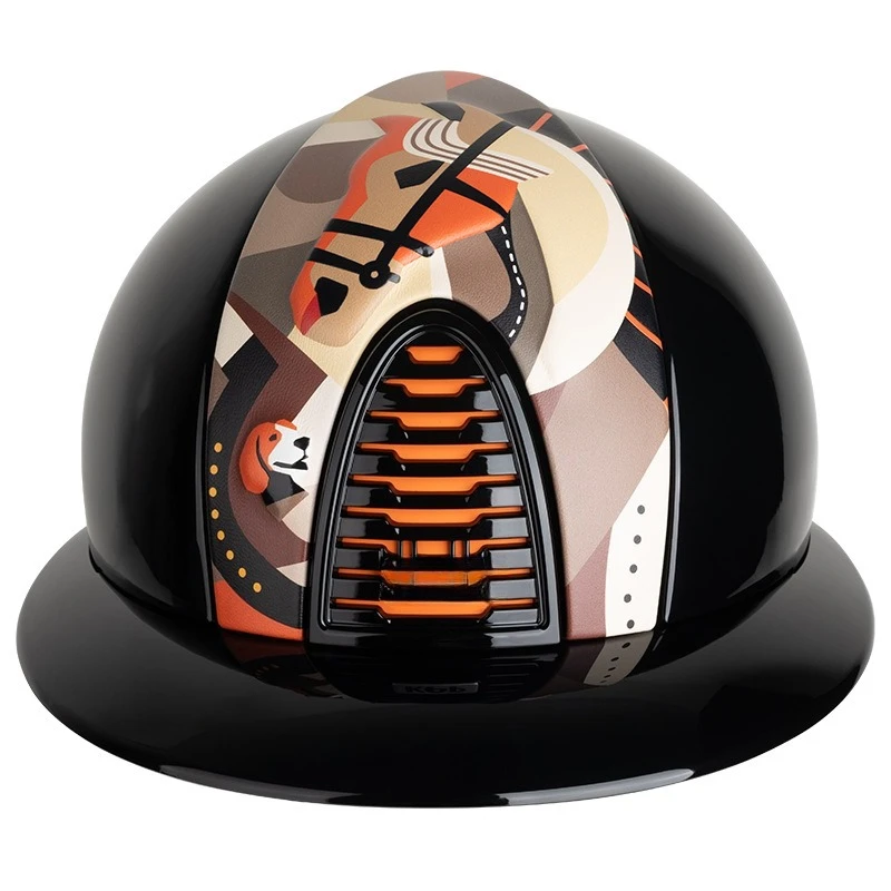 Black glossy equestrian helmet (orange/pink Pegasus) with large brim