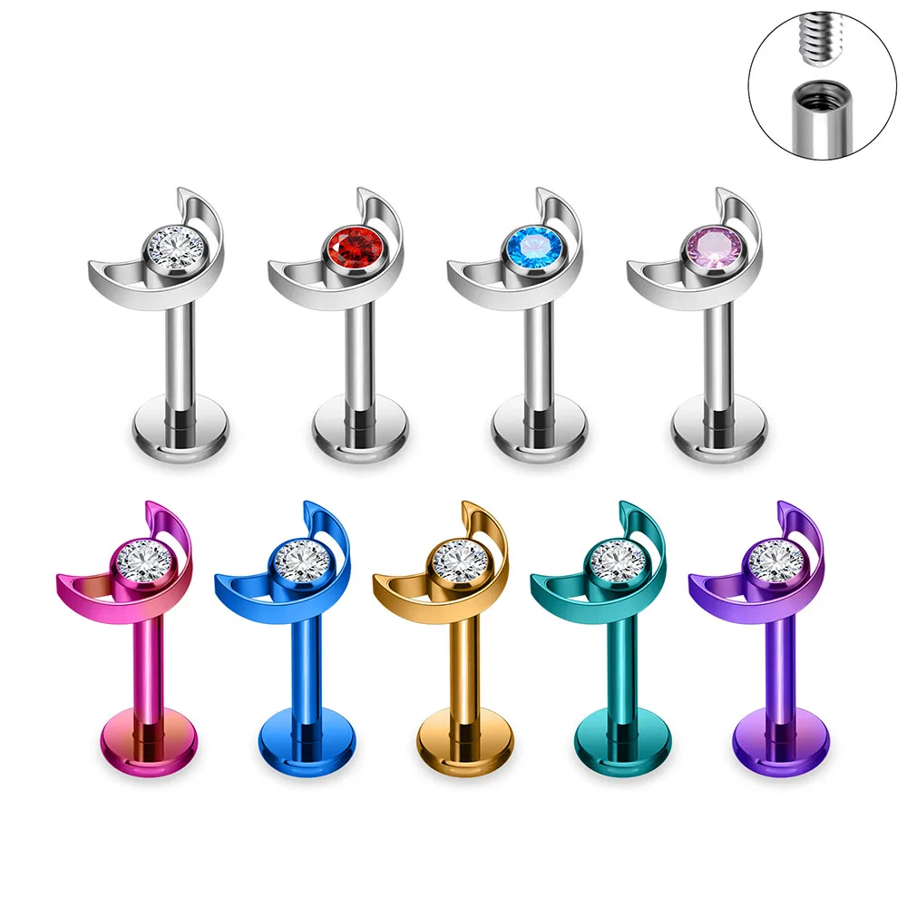 

Titanium G23 F136 Anodized Earrings With Internal Thread 16G Moon Inlay CZ Fashionable Women's Perforated Jewelry Lip Studs