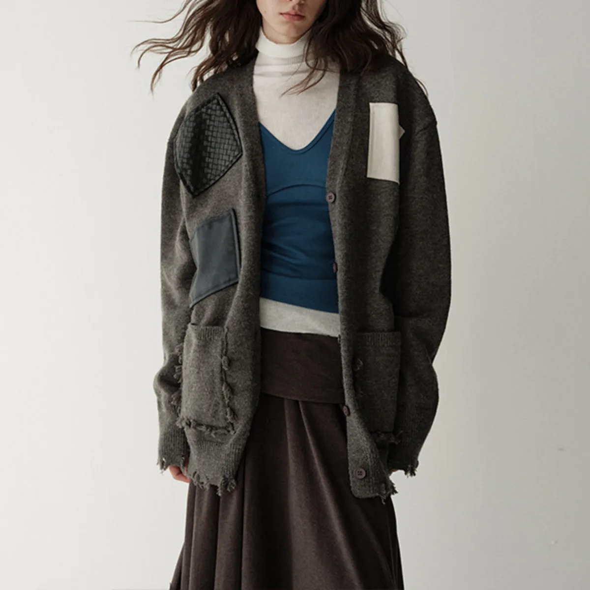 BJTZ 여성용 디스트레스드 아트 패치 울 가디건 가을 겨울 니트 오픈 프론트 재킷 긴 소매 루즈핏 프리미엄 아우터웨어