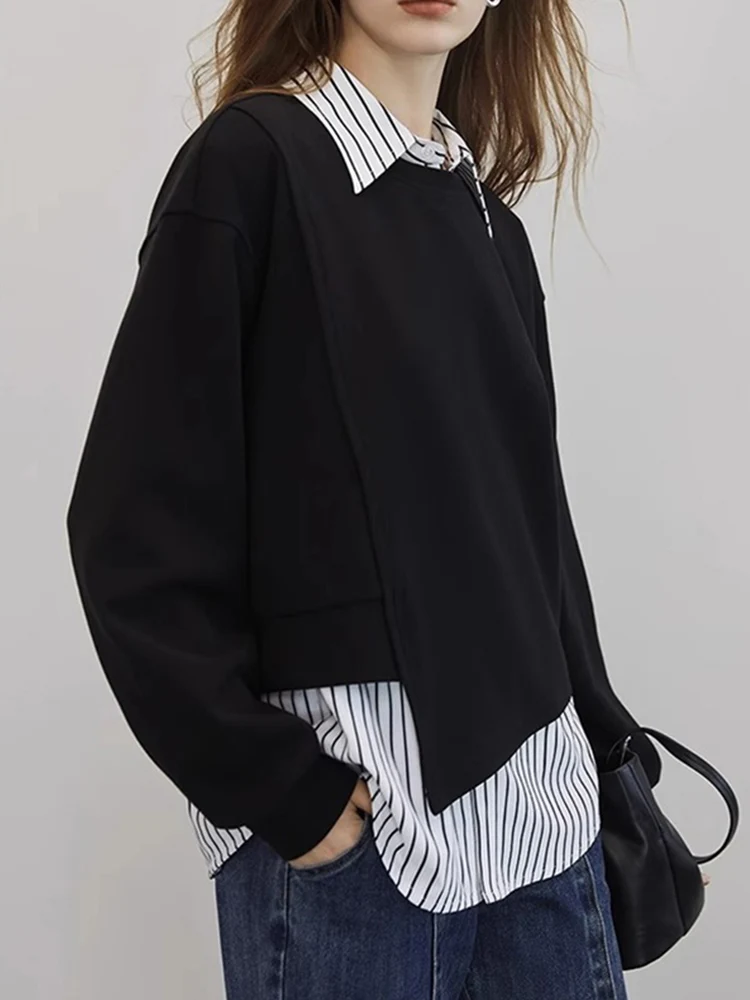 

Korean Sle Ne Sweatirt Striped Casual Outerwear Loose Top Women Autumn Faion Design Sense Leisure Streetwear