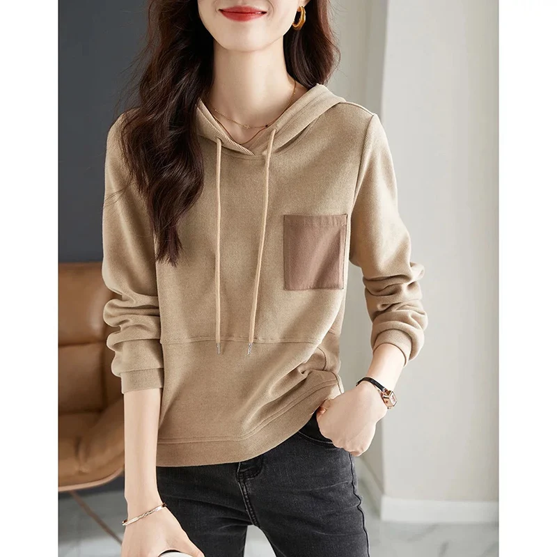 

Fashion Spliced Pockets Casual Hooded T-Shirts Women's Clothing 2024 Autumn Winter New Loose All-match Tops Commuter Tee Shirt