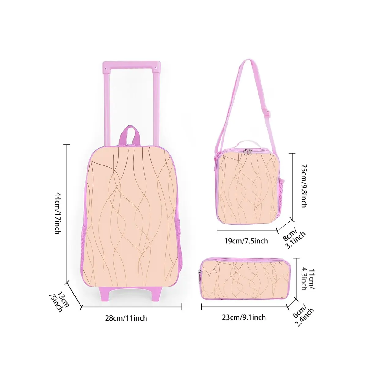 Juego de bolsas con ruedas con estampado de líneas doradas y rosas, con fiambrera, bolsa para bolígrafos con ruedas, mochila escolar con carrito para niñas y niños
