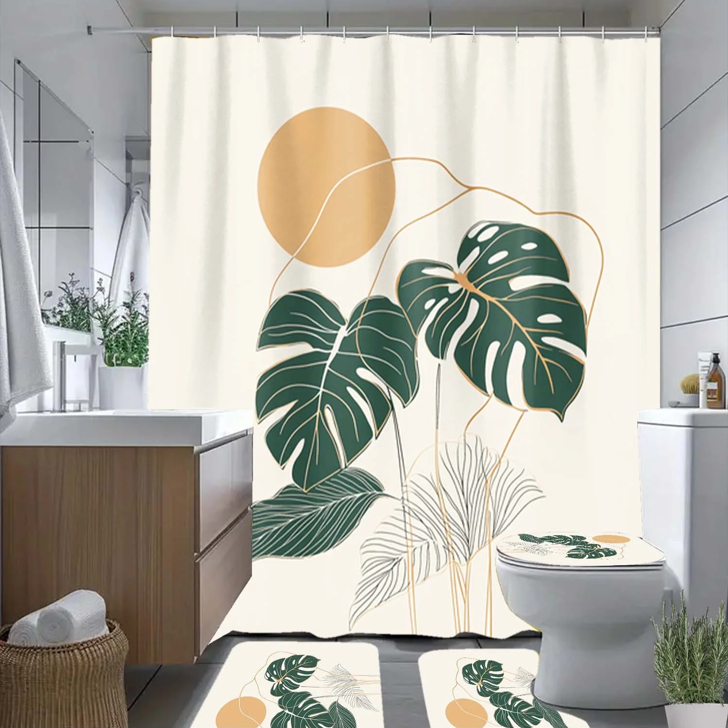 

4 шт. зеленый лист, занавеска для душа с солнечным узором и крючками, занавеска для перегородки ванной комнаты, аксессуары для ванной комнаты, украшение для дома