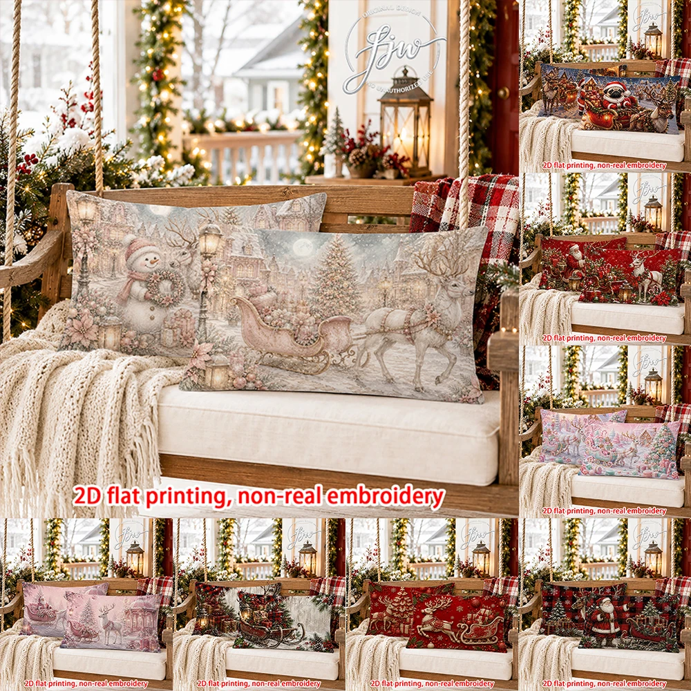 2pcs Christmas Throw Pillow Covers Vintage Winter Snowman Reindeer Sleigh Xmas Decorative Cushion Cases for Sofa Bed Porch