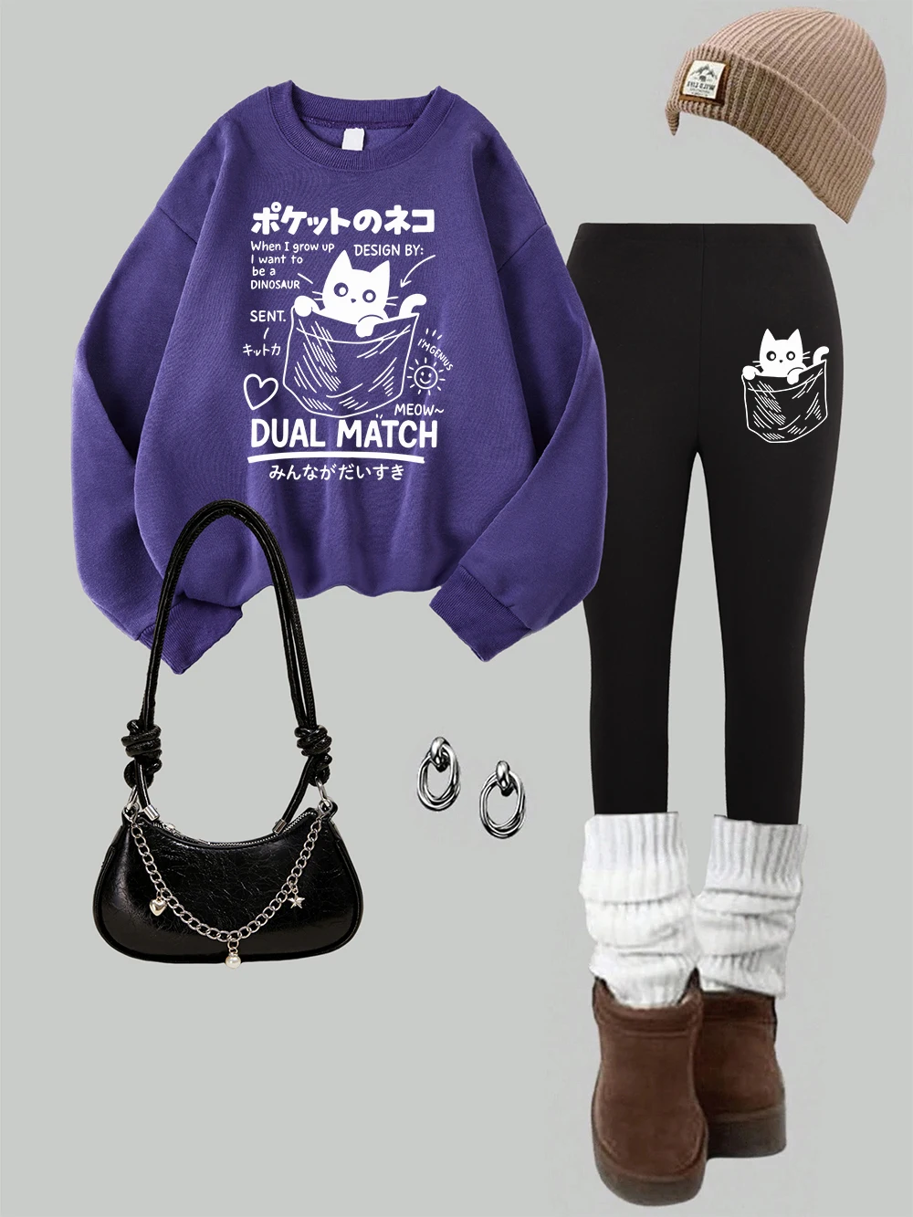 

2 Piece Women Cute Japanese Pocket Cat Printing Sweatshirt Leggings Set Autumn Warm Fleece Hoodie Pants Casual Woman Clothes