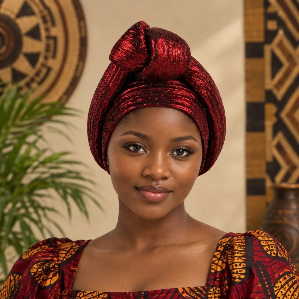 Shiny African Gele Headwrap Polyester Front Knot Nigerian Yoruba Turban Traditional Style Multicolor Options Elegant Headpiece