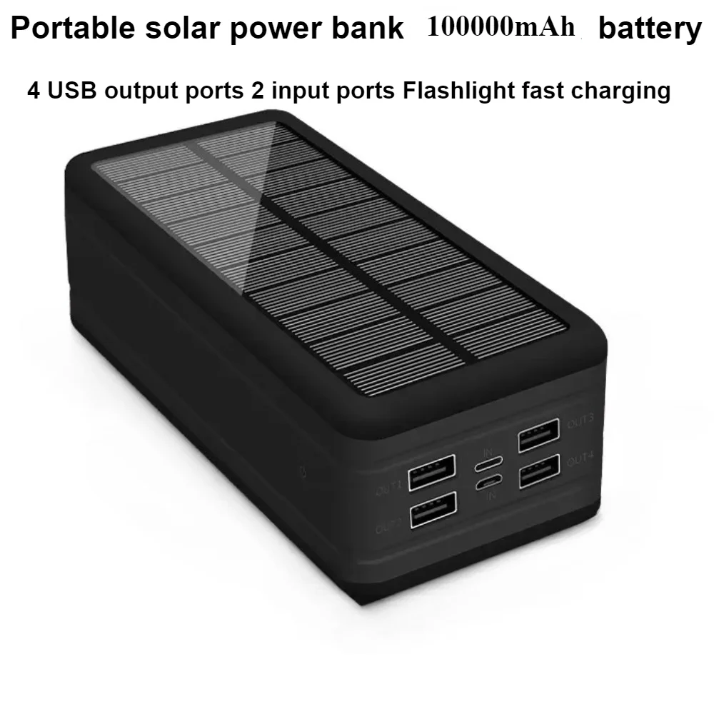 Battery 4 USB Output Ports 2 Input Ports Flashlight Fast Charging Portable Solar Power Bank 100000mAh