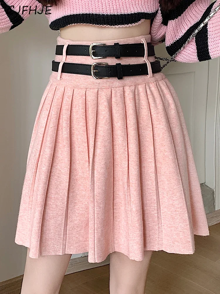 CJFHJE Pink Double Belt Knitted Pleated Mini Skirts High Waist Loose Casual A-Line Khaki Skirts Solid Color Korean Fashion Skirt