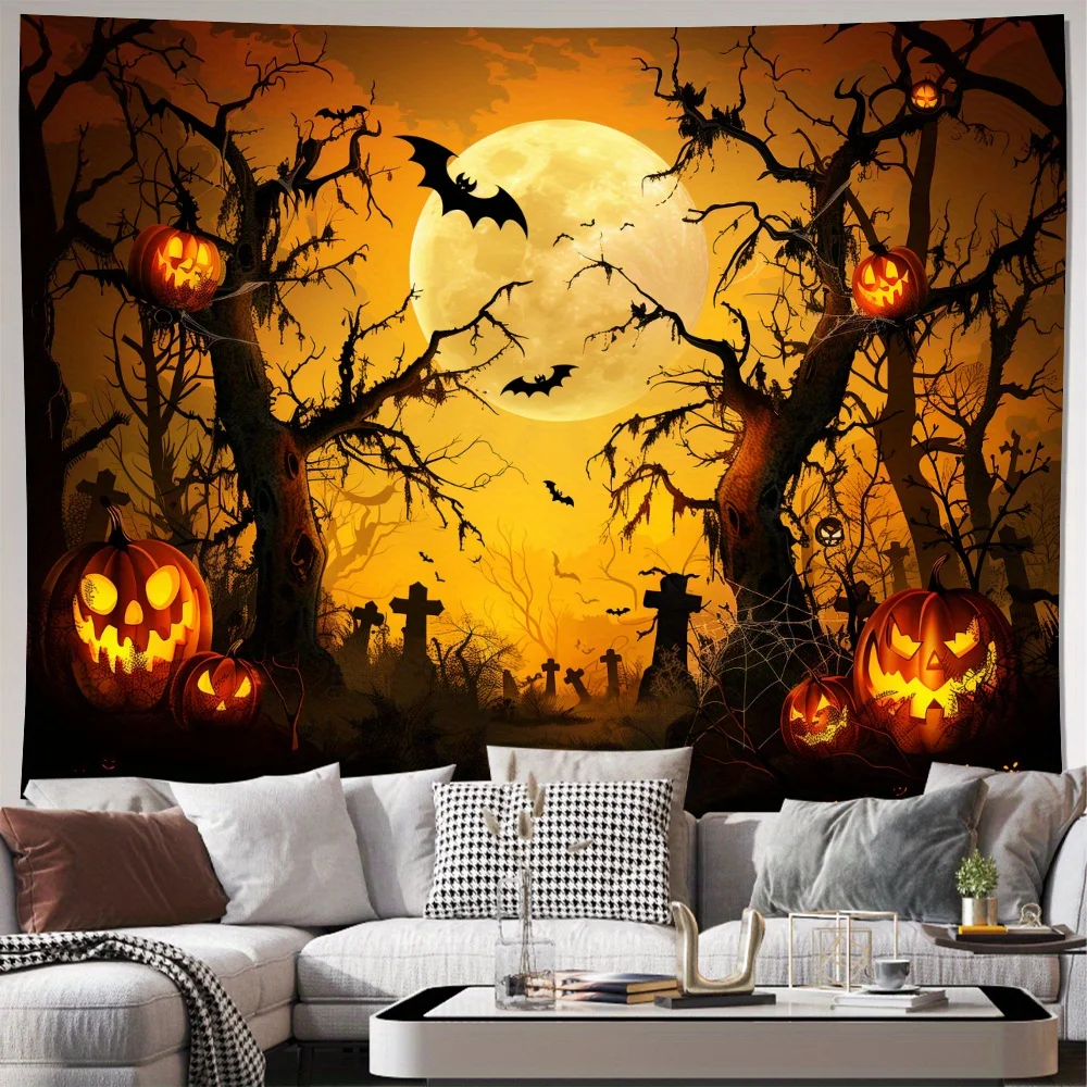 Halloween Pumpkin Tapestry, Spooky Moon Bat Wall Hanging, Horror Party Decor Haunted Forest Bedroom Living Room Background Cloth