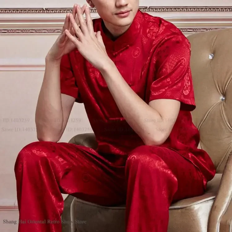 

Жаккардовый наряд для кунг-фу из ледяного шелка, униформа тай-чи, большие размеры, китайская традиционная одежда, мужской костюм Тан, свободная одежда для дома, домашняя одежда