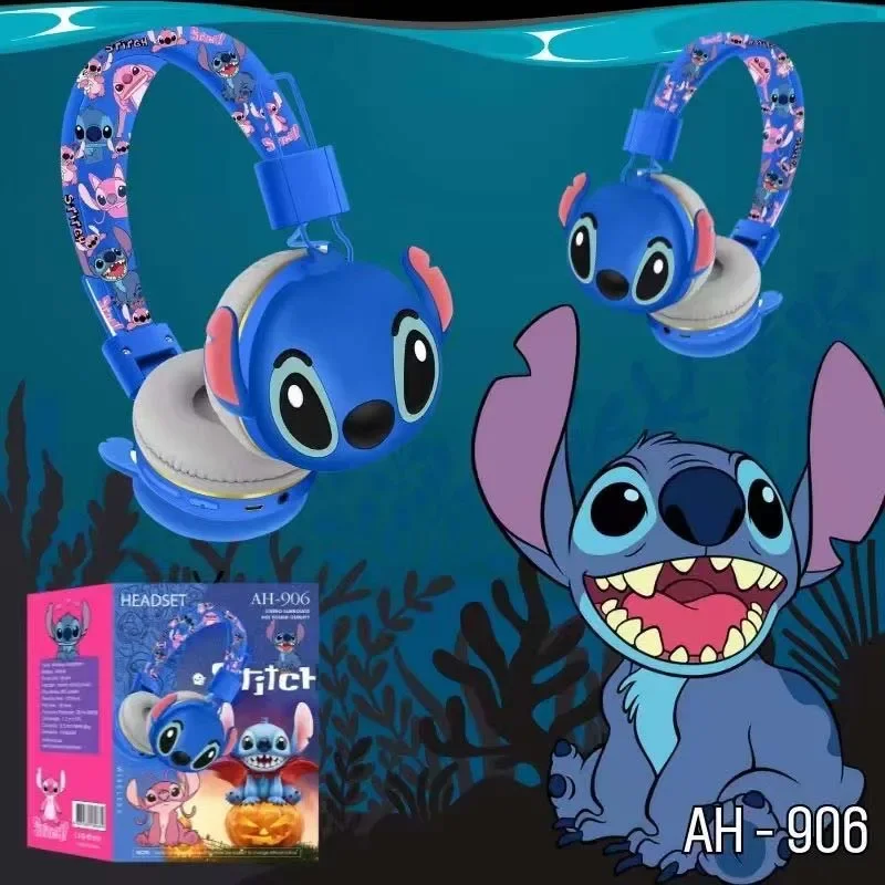 New Stitch Disney Bluetooth Headphones AH-906 Wireless Earbuds HIFI Sound Foldable Headsets with Mic Kids Gifts Anime Cartoon