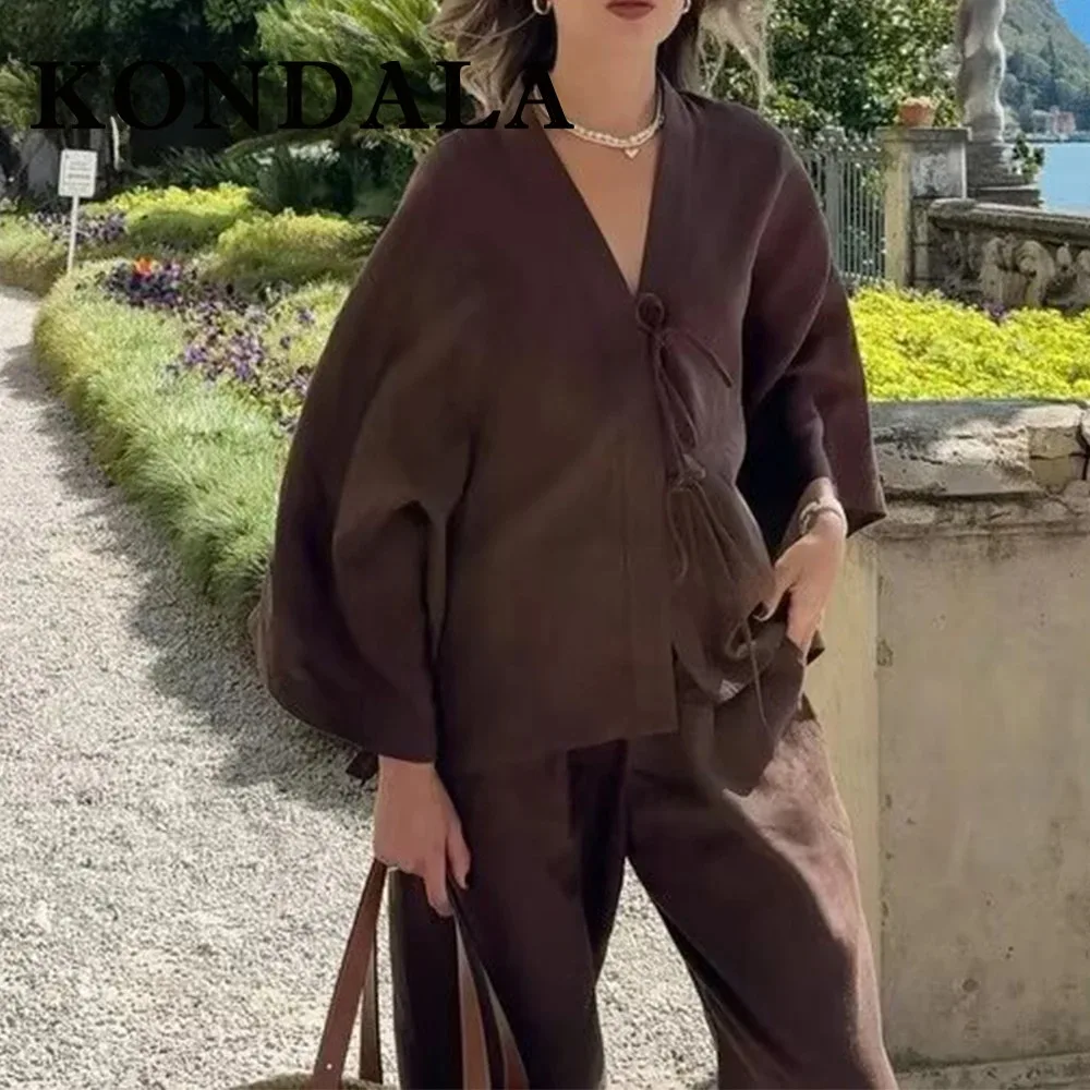 

KONDALA Chic Brown Casual Elegant Woman Suit Lace-up V-Neck Loose Shirt+Wide Leg Elastic Waist Long Pants Fashion 2025 Mujer Set