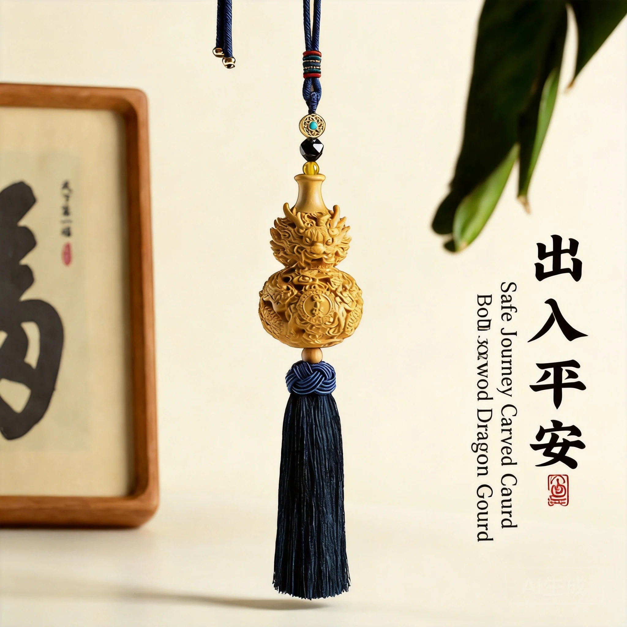 Chinese Traditional Auspicious Boxwood Carved Dragon Gourd Car Rearview Mirror Hanger Good Luck Wealth Blessing Safe Travel Tass